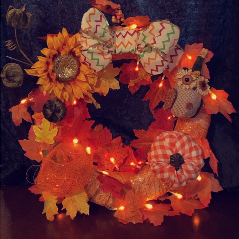 Hand made fall wreath with lights